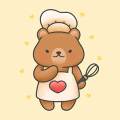 Cute bear cooking cartoon hand drawn style