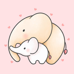 Cute mother and baby elephant cartoon hand drawn style