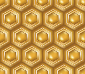 3D golden bright honeycomb seamless pattern tile with luxury elegant design for backgrounds, wallpapers, walls, interior design, creative surfaces, textile and fabric. rich seamless design. 