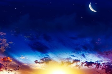 Beautifully summer landscape . Crescent moon with beautiful sunset background . Generous Ramadan . Light from sky . Religion background .