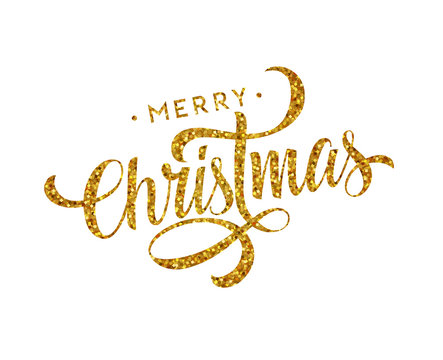 Merry Christmas handwritten lettering with gold glitter texture.
