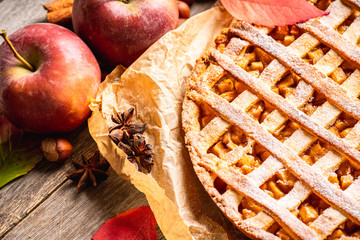 Freshly baked autumn apple pie with cinnamon. Selecive focus. Shallow depth of field.