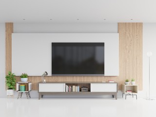 TV on cabinet in modern living room with plants in living room with empty white wall.