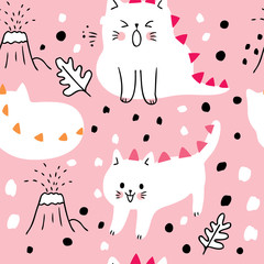 Cartoon cute dinosaur cat seamless pattern vector.