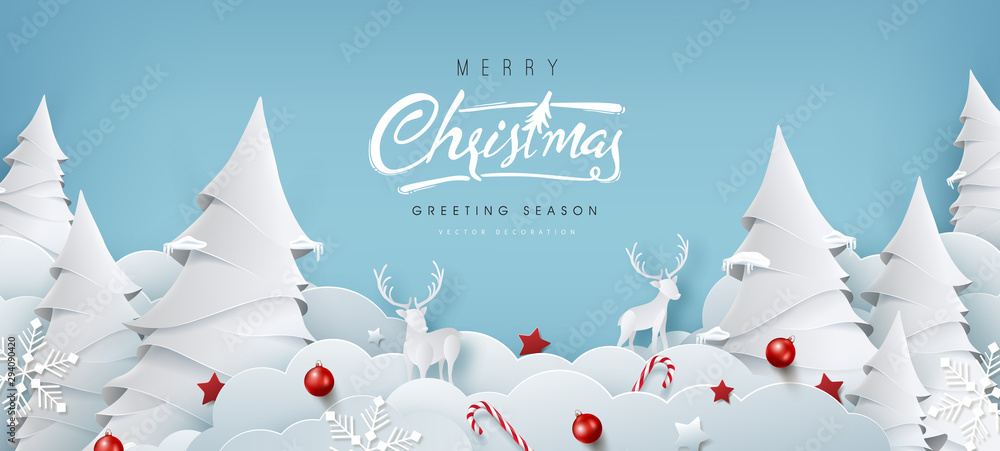 Wall mural winter christmas composition in paper cut style.merry christmas text calligraphic lettering vector i
