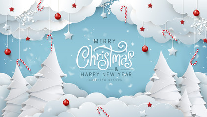 Winter christmas composition in paper cut style.Merry Christmas text Calligraphic Lettering Vector illustration. - Powered by Adobe