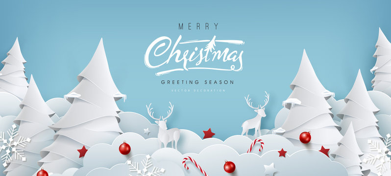 Winter christmas composition in paper cut style.Merry Christmas text Calligraphic Lettering Vector illustration.