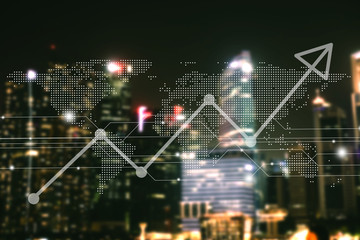 Blur capital town many buildings in city with transportation system double exposure graph and technology icon  with night time light view.