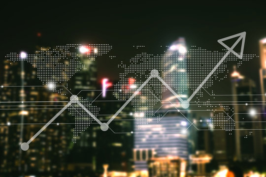 Blur capital town many buildings in city with transportation system double exposure graph and technology icon  with night time light view.