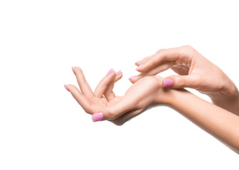 Female hands close up. Applying cream.