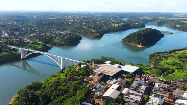International Friendship Bridge, Border Brazil Paraguay Parana river aerial view