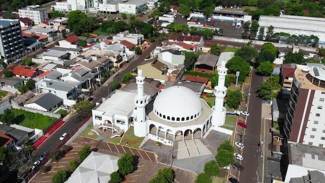 Muslim White Mosque of Omar Ibn Al-Khattab (Foz do Iguacu, Brazil) aerial view