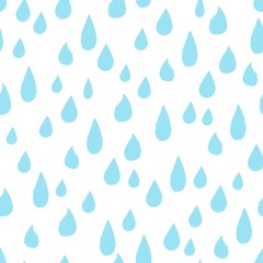 Seamless repeat pattern with all over blue rain tear drops on a white background
