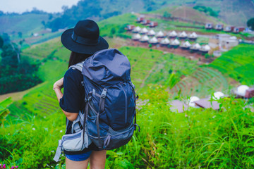woman backpacker travel on mountain