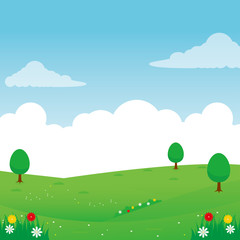 Nature landscape vector illustration, Green meadow vector illustration with some flower and tree