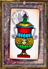 Poster Ace of tarot cups op een achtergrond van esoterische kaarten en astrologische en alchemistische symbolen © Rosario Rizzo