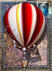 Foto auf Acrylglas Phantasie Fantastischer Steampunk-Heißluftballon mit alten italienischen Symbolen und Briefmarken