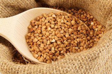 Buckwheat with wooden spoon in jute sack close up