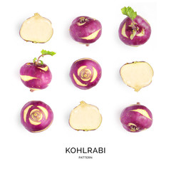 Seamless pattern with kohlrabi. Fruits abstract background. Kohlrabi on the white background.