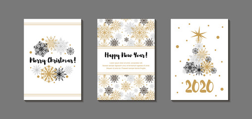 Fototapeta na wymiar Set of Merry Christmas and Happy New Year vertical greeting cards with beautiful golden and black snowflakes. Christmas design for banners, posters, massages, announcements. Space for text
