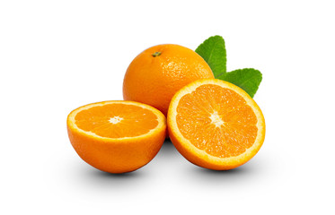 Fresh orange fruit and orange slice with green leaf. isolated on white