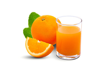 Orange juice in glass with fresh orange slice and green leaf. isolate on white