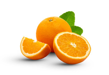 Fresh orange fruit and orange slice with green leaf. isolated on white