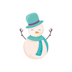 cute snowman with hat and scarf on white background