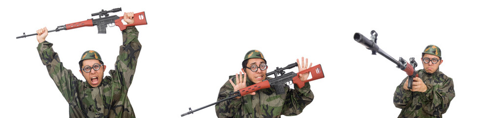 Military man with a gun isolated on white