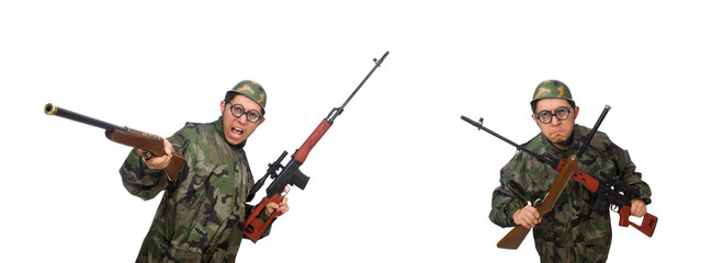 Military man with a gun isolated on white