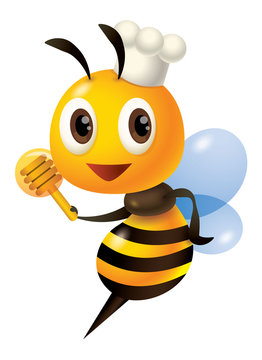 Cartoon cute chef bee holding a honey dipper. - Vector mascot