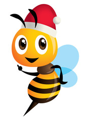 Merry Christmas! Cartoon cute bee character wearing Christmas hat - vector character mascot