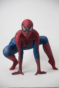 Israel, Tel Aviv October 14, 2019: Man in a Spiderman costume outside the Tampa Convention Center during Comic Con
