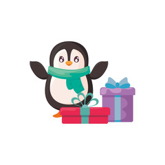 cute penguin with scarf and gift boxes on white background