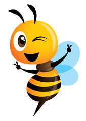 Cartoon cute bee showing victory sign hand - vector character mascot