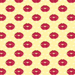 Vector pattern with prints of red lips. A splendid ornament with kisses on a yellow background