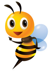 Cartoon cute bee character pointing finger. Vector illustration isolated