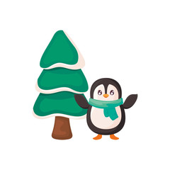 penguin with scarf and christmas tree on white background