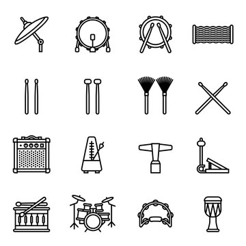 musical instruments, drums kit icon set with white background. Thin line style stock vector.