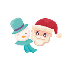 head of santa claus and snowman on white background
