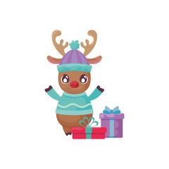cute reindeer with gift boxes on white background