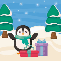 cute penguin with scarf and gift boxes on winter landscape