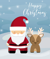 happy christmas label with santa claus and eindeer on winter landscape