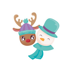 head of snowman and reindeer on white background