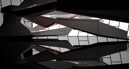 Obraz premium Abstract architectural whte, red and black gloss interior of a minimalist house with large windows.. 3D illustration and rendering.