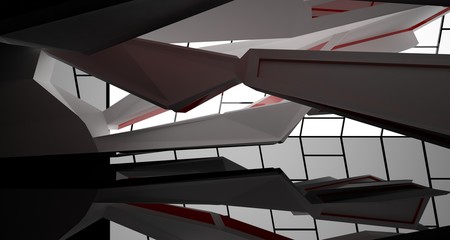Fototapeta premium Abstract architectural whte, red and black gloss interior of a minimalist house with large windows.. 3D illustration and rendering.