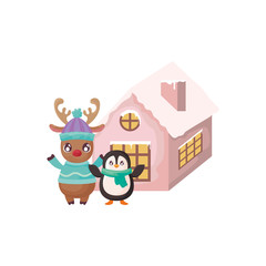 penguin and reindeer with family house of background