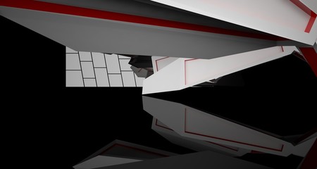 Abstract architectural whte, red and black gloss interior of a minimalist house with large windows.. 3D illustration and rendering.