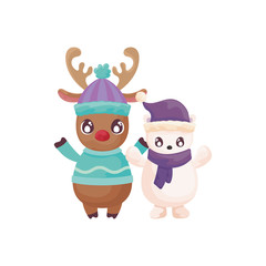 cute reindeer and polar bear on white background