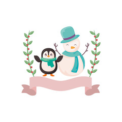 penguin and snowman with scarf on white background